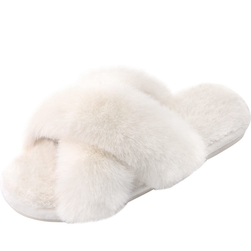Parlovable Women's Fuzzy Slippers Comfy Cross Band House Shoes Memory Foam Open Toe Indoor Gifts for Ladies Off-white 9-10 - Image 1